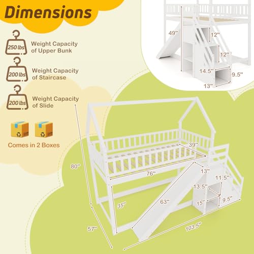 Twin Over Twin Bunk Bed with Slide & Stairs, Wood, White M692