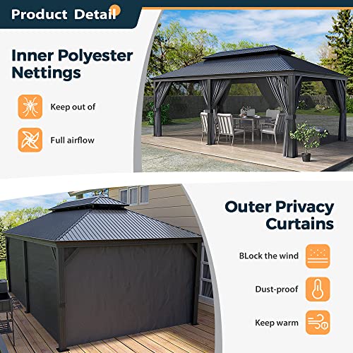 12 x 20 ft Hardtop Gazebo with Galvanized Steel Frame, Curtains and Netting for Patios, Gardens, and Lawns C90817