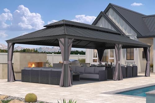 10' x 14' Permanent Hardtop Gazebo with Galvanized Steel Double Roof, Curtains and Netting Included M871