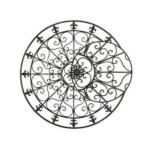 Metal Fleur De Lis Wall Decor Circle Sculpture with Scrollwork, Black W704356