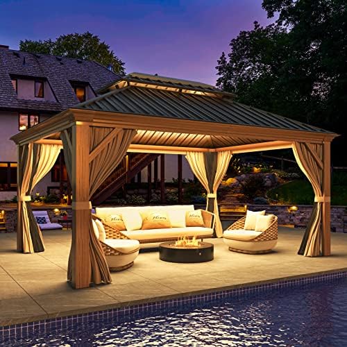 12x16 ft Hardtop Gazebo with Double Roof, Curtains and Netting T94173