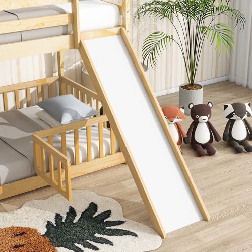 Twin Over Full Size Wooden Bunk Bed with Slide and Storage Stairs N394
