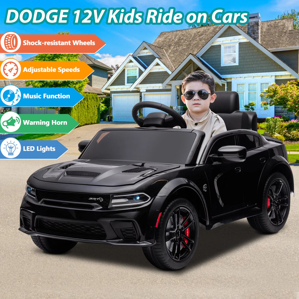 12V Black Dodge Charger Ride On Car with Remote Control, Kids Electric Toy with Bluetooth and LED Light N9460
