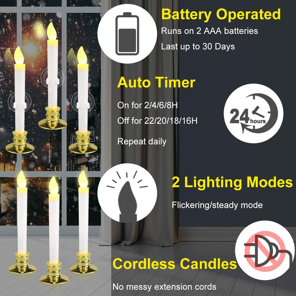 6 Pack Christmas Window Candles with Timer, LED Flameless Taper Lights, Gold Holders & Suction Cups M452