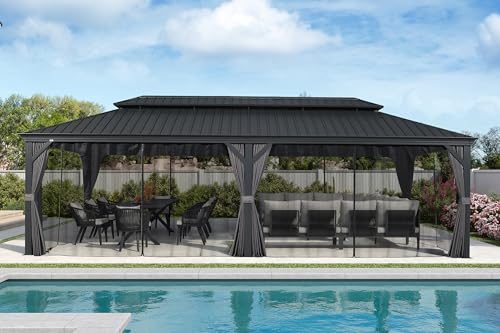 10' x 14' Permanent Hardtop Gazebo with Galvanized Steel Double Roof, Curtains and Netting Included M871