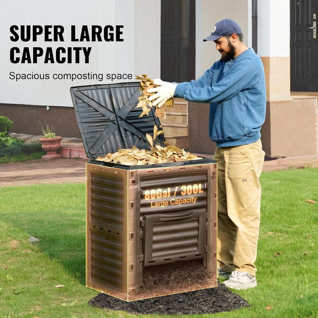 Garden Compost Bin 80 Gallon, BPA Free Composter, Outdoor Composting Bin with Top Lid and Bottom Door A75916