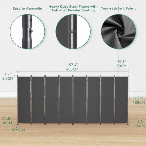 8-Panel 6 ft Tall Indoor Folding Room Divider, Portable Privacy Screen, Freestanding Partition, Dark Grey G253901