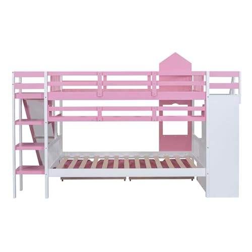 Kids Bunk Bed with Stairs and Slide, Twin Over Twin, Gray O540