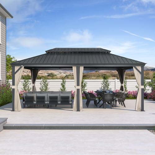 10' x 14' Permanent Hardtop Gazebo with Galvanized Steel Double Roof, Curtains and Netting Included M871