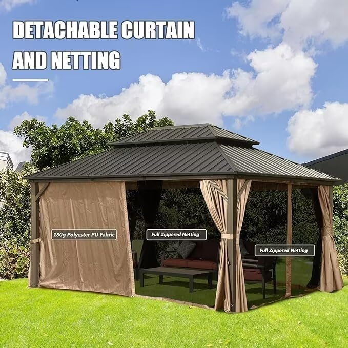 10 x 10 ft Hardtop Gazebo with Netting and Curtains, Galvanized Steel Roof for Patio K80436