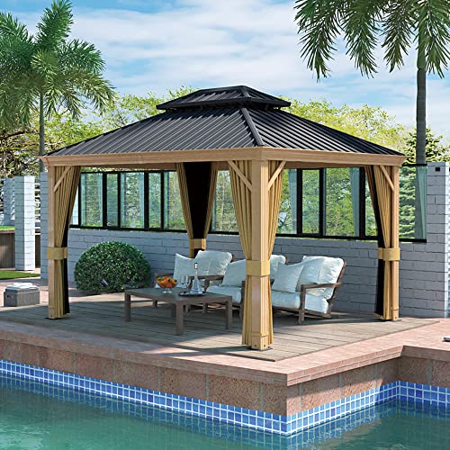 10 x 12 ft Hardtop Gazebo with Netting and Curtains for Patio, Deck, Backyard X60892