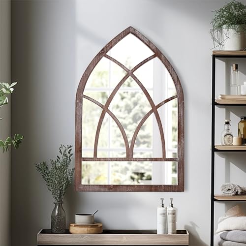 Farmhouse Arched Window Mirror Wall Decor 16 X 24 Inch, Hanging Distressed White Rustic Cathedral Window Pane Mirror Wall Decor for Living Room, Wood Wall Mirrors Decorative for Entryway