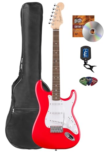 Stratocaster Electric Guitar Bundle with Amplifier, Gig Bag, Strap, Cable, Picks, and DVD F102
