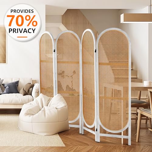 Foldable Wooden Room Divider, Hand-Woven Rattan Privacy Screen Q240970