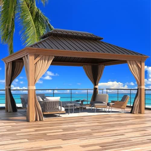 12x16 ft Hardtop Gazebo with Double Roof, Curtains and Netting T94173