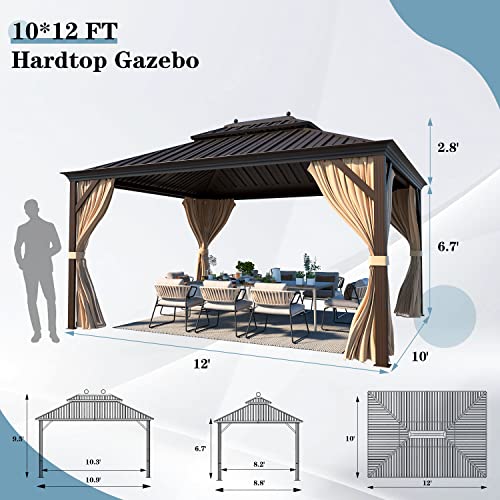 12x16 ft Hardtop Gazebo with Double Roof, Curtains and Netting T94173