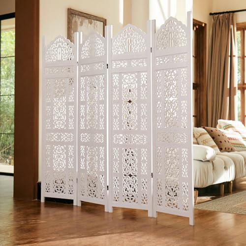 Wood Carved Room Divider 4 Panel Folding Partition Screen X503933