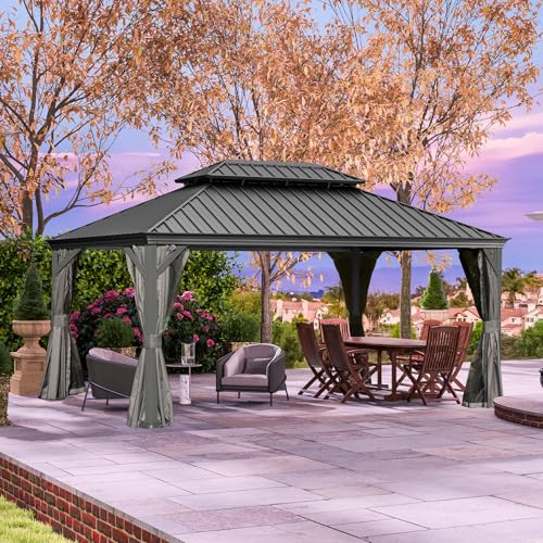 10 x 10 ft Hardtop Gazebo with Netting and Curtains, Galvanized Steel Roof for Patio K80436