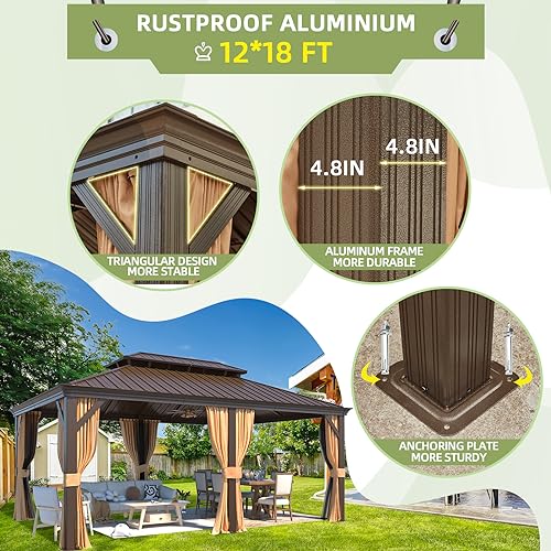 12x16 ft Hardtop Gazebo with Double Roof, Curtains and Netting T94173