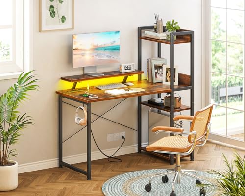 Reversible Gaming Desk with USB Charging Port and LED Lights, 40 Inch Computer Desk with Storage Shelves M571