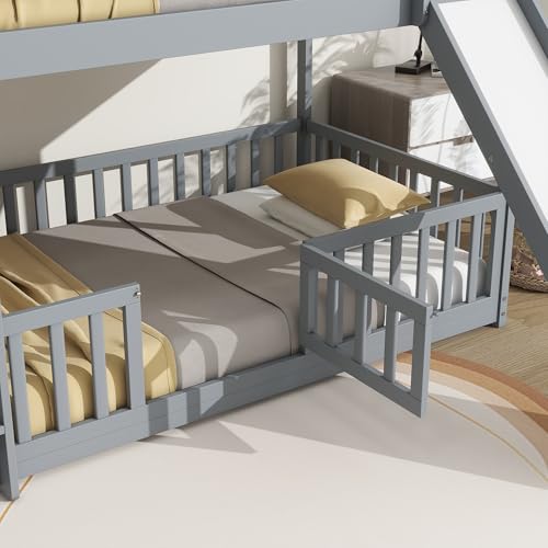Twin Over Full Size Wooden Bunk Bed with Slide and Storage Stairs N394