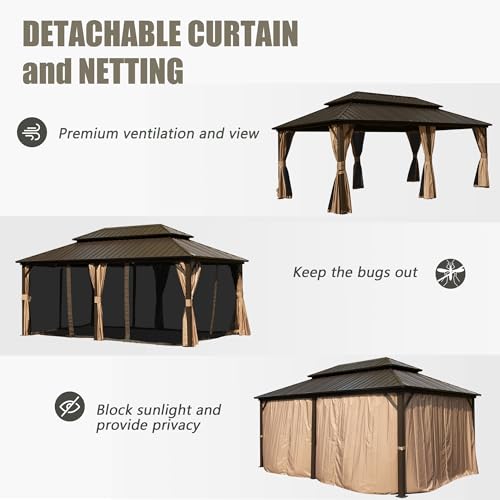 10 x 10 ft Hardtop Gazebo with Netting and Curtains, Galvanized Steel Roof for Patio K80436
