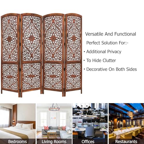 4 Panel Folding Wood Room Divider, Antique Brown, 72 x 80 P209