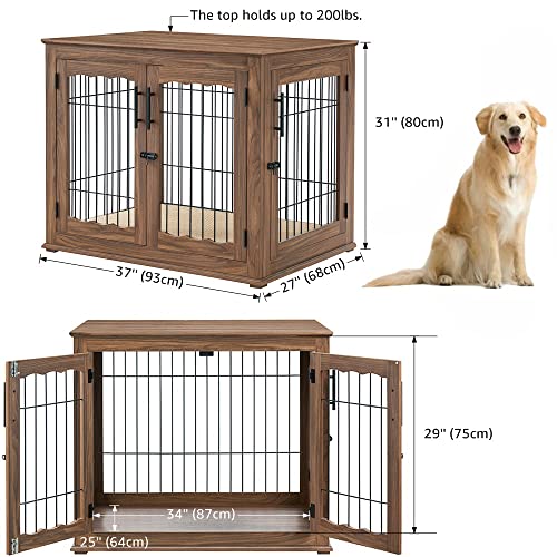 Wooden Dog Crate End Table with Double Doors and Pet Bed E595686