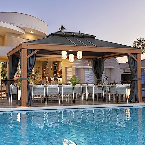 12x20 ft Hardtop Gazebo Double Roof Galvanized Steel Canopy Outdoor Aluminum Frame with Netting and Curtains X191579