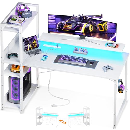 Reversible Gaming Desk with USB Charging Port and LED Lights, 40 Inch Computer Desk with Storage Shelves M571