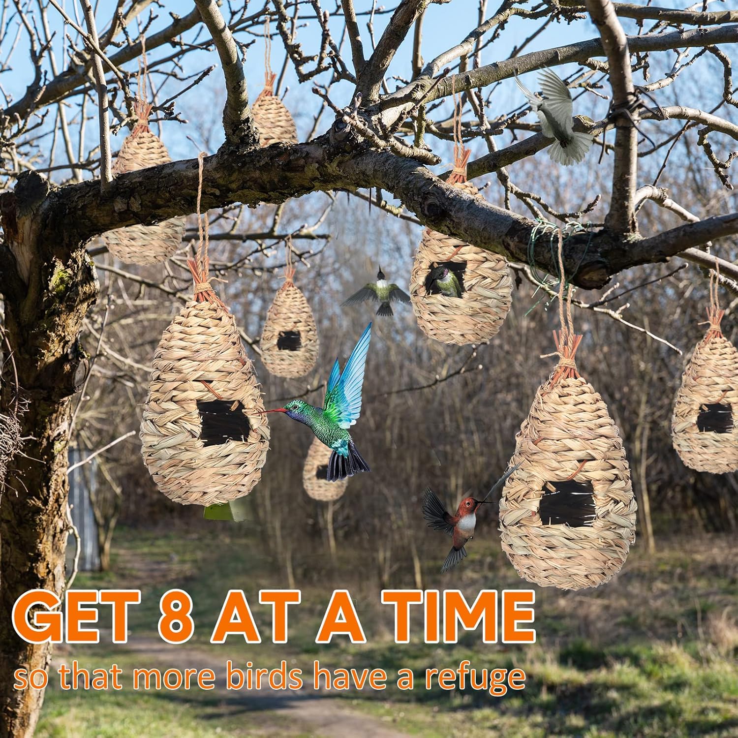 Hummingbird Nest Houses for Outside Hanging, Hand Woven Natural Fiber, 8 Pack N110764