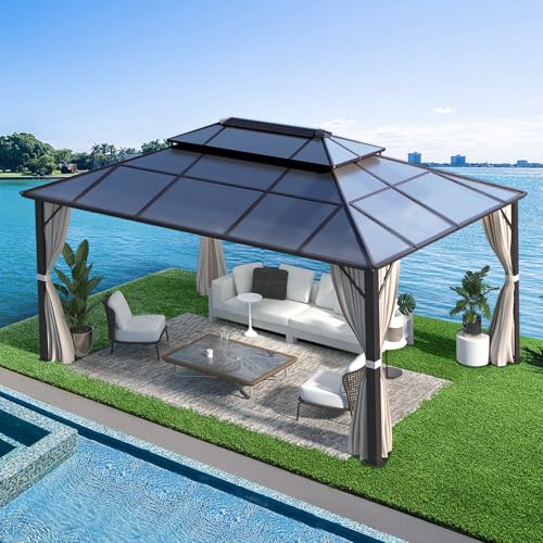 10x13 Hardtop Gazebo with Polycarbonate Double Roof, Aluminum Frame, Curtains and Netting S2701
