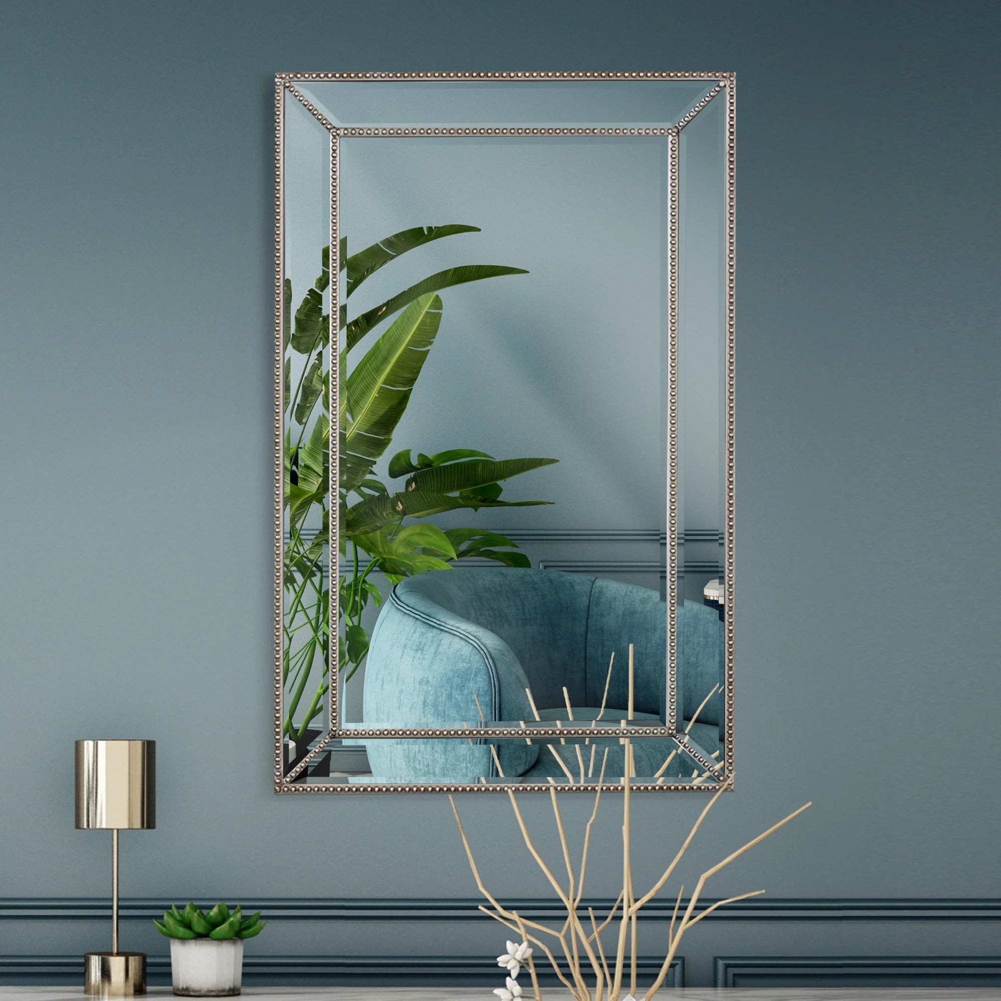 Champagne Silver Beaded Glass Framed Vanity Mirror - Rectangle for Bathroom & Living Room - 20"x32" H38896