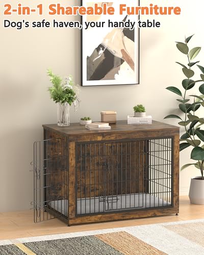Dog Crate Furniture with Cushion, Heavy-Duty Metal Mesh, Wooden End Table with Double Doors, Indoor Kennel for Small Breed, Grey M3321