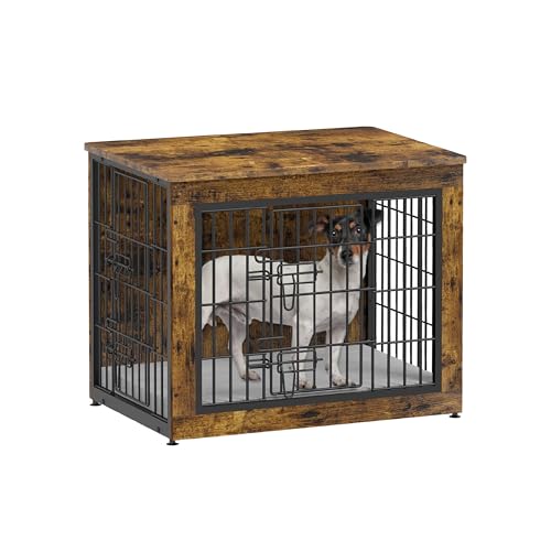 Dog Crate Furniture with Cushion, Heavy-Duty Metal Mesh, Wooden End Table with Double Doors, Indoor Kennel for Small Breed, Grey M3321
