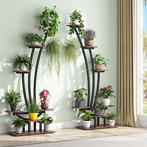 6-Tier Tall Plant Stand, Metal Curved Display Shelf with Hanging Hooks V22276