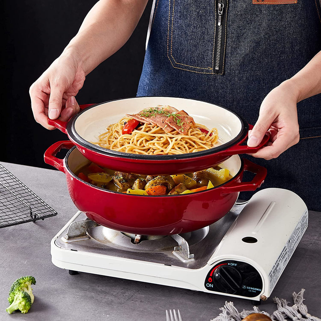 Enameled Cast Iron Cocotte Double Braiser Pan with Grill Lid V9102