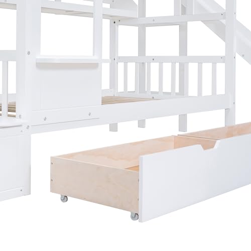 Twin Over Twin Bunk Bed with Stairs and Slide, Solid Wood Frame with Storage B8483