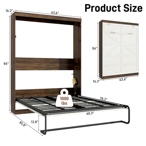 Queen Size Murphy Bed with LED Lights, Foldable Wall Bed Frame with Storage W669