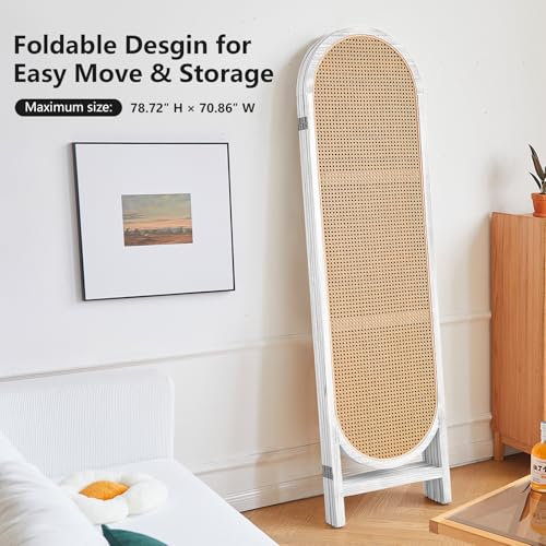 Foldable Wooden Room Divider, Hand-Woven Rattan Privacy Screen Q240970
