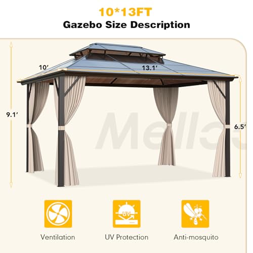 10x13 Hardtop Gazebo with Polycarbonate Double Roof, Aluminum Frame, Curtains and Netting S2701