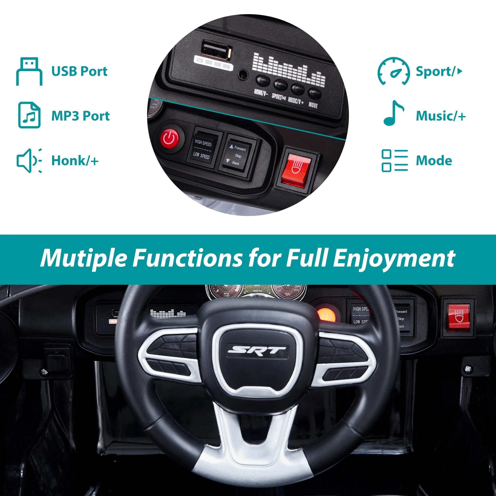 12V Black Dodge Charger Ride On Car with Remote Control, Kids Electric Toy with Bluetooth and LED Light N9460