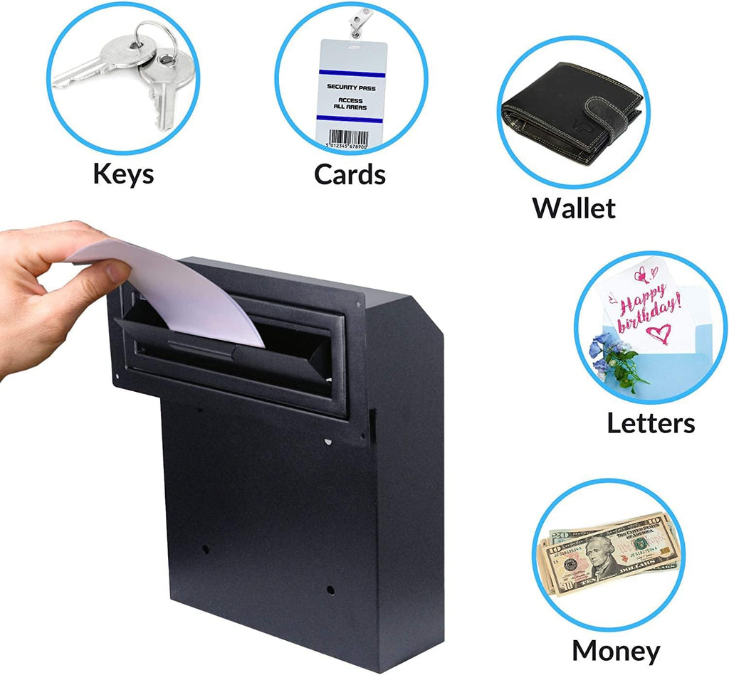 Door Drop Box for Mail, Rent, Deposit, and Night Key, Locking Steel Mailbox with Rear Access, Black G160