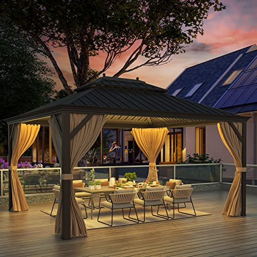 12x16 ft Hardtop Gazebo with Double Roof, Curtains and Netting T94173