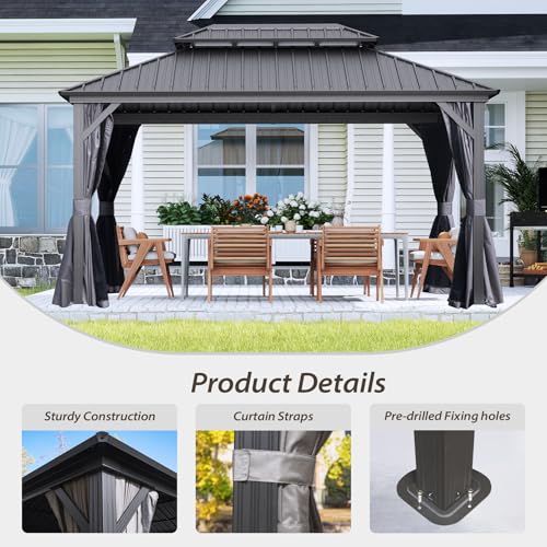 10 x 10 ft Hardtop Gazebo with Netting and Curtains, Galvanized Steel Roof for Patio K80436