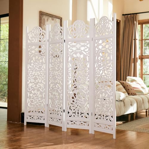 Wood Carved Room Divider 4 Panel Folding Partition Screen X503933