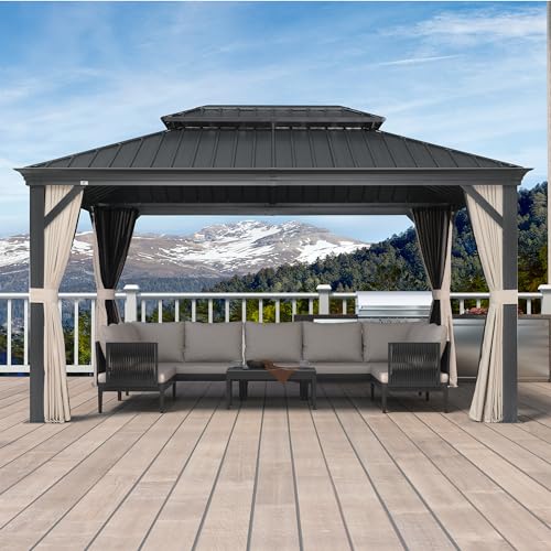 10' x 14' Permanent Hardtop Gazebo with Galvanized Steel Double Roof, Curtains and Netting Included M871