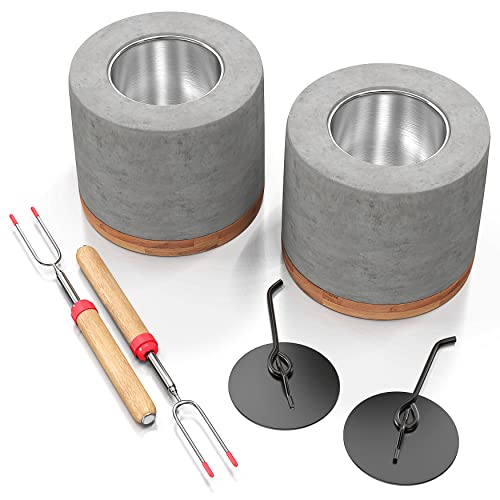 Concrete Tabletop Fire Pit with Bamboo Base and Roasting Forks A8178