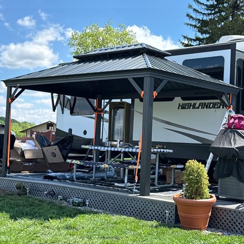 10' x 14' Permanent Hardtop Gazebo with Galvanized Steel Double Roof, Curtains and Netting Included M871