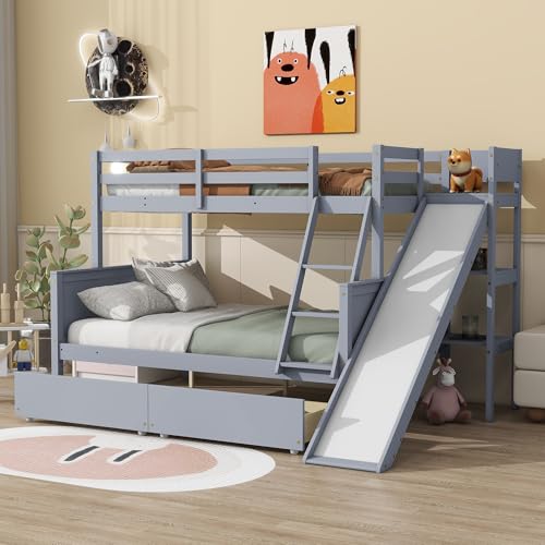 Twin Over Full Size Wooden Bunk Bed with Slide and Storage Stairs N394
